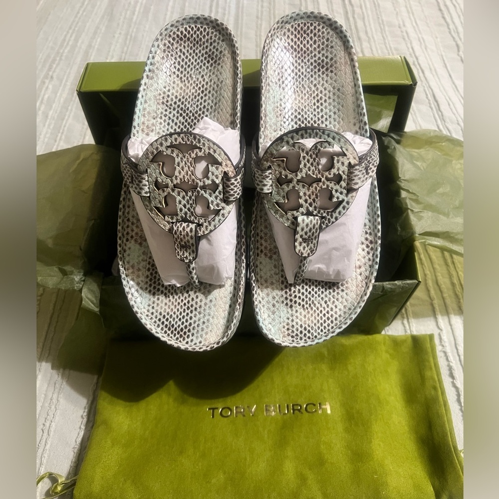Tory Burch Miller Cloud Gray Snakeskin sandals